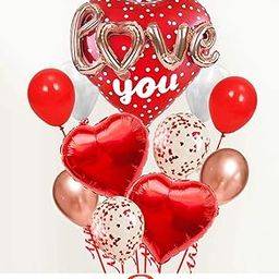 AMFIN® (Pack of 12) 3D Rosegold Love You Heart Shape Foil Balloon Bouquet with Confetti, White & Red Metallic Balloons & Curling Ribbon for Valentine, Wedding Anniversary, Couple Party Decoration-image-23