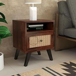 VK Furniture Solid Wood Bedside Table with Iron Leg for Bedroom Living Room | Wooden Nightstand Lamp Table with 1 Drawer 1 Shelf Storage for Home Hotels | Bedside Table | Walnut (Set of 1)-0