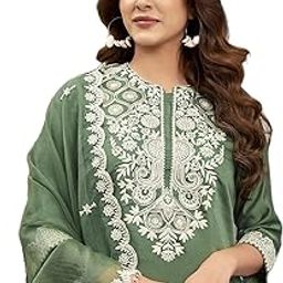 Women's Silk Blend Sequence Embrodery Straight Kurta Pant with Dupatta Set-31