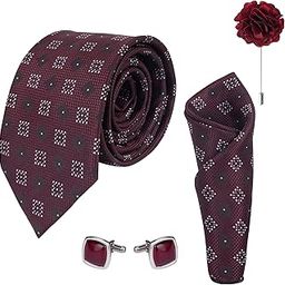 Big Check Wine Design micro print fine Necktie Gift Set With Pocket Square, 2 pcs Cufflinks & Lapel Pin Formal Tie With (Leatherite Gift Box) (Pack of 4 pcs)- Wine Color-image-27