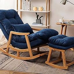 CRAFTCITY Solid Wood Rocking Chair - Deck, Reading, Sun Lounger, Rest, Bedside, Leisure Backrest, Pregnant Women Recliner for Bedroom, Living Room (Blue 2)-image-47