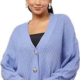 nobarr Women's Acrylic Full Sleeve with V-Neck Blue Cardigan-picture-4