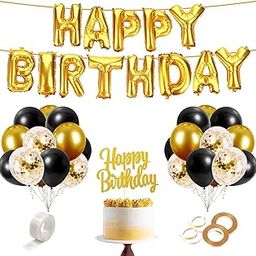 Zyozique Golden Black Birthday Decorations-Include Aluminum Foil Balloon with “Happy birthday” Letter, Cake Topper, Confetti balloon, Glue Dot, Ribbon and Balloons (Pack of 30)-picture-27
