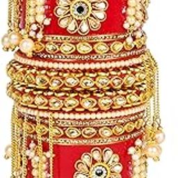Red Plastic Round Latkan Chuda with Pearl 9 Latkan Bangles Gold-plated Rajwadi Style Bridal Bangles Set For Girls And Women Elegant Plastic Base Jewelry-image-91