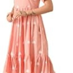 Women's Polka Dot Midi Dress, Pink Rayon, Ruffle Tiered Design, Short Puff Sleeves,-image-2
