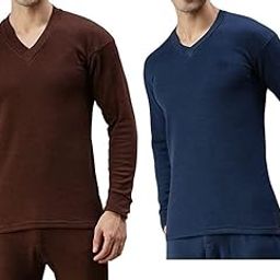 Men's Thermal Classic Fit Upper Top-V-Neck Cotton Solid Sweaters for Men,Full Sleeves Winter Wear Suit for Infants 100% Warm Thermal Pack of 2 (Brown::Blue)_OSJBI150_80-18