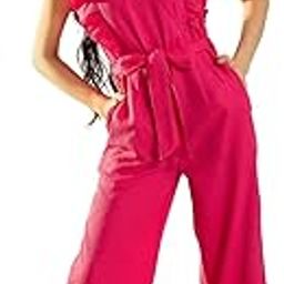 Polister Ruffled Short Sleeve Waist Tie-Up Basic Jumpsuit-Magenta-image-2