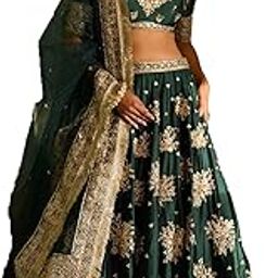 Green Stain Silk Thread Sequence Embroidery Work Semi-Sttiched Lehenga Choli With Dupatta Set For Women-image-13