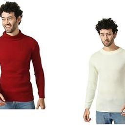 Men Solid Wool Warm Sweater and High Neck Skivvy for Winter (Pack of 2) Cream::Maroon-picture-11