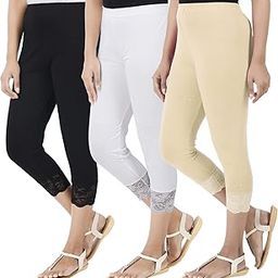 Combo Pack Skinny Fit 3/4 Lace Capris Leggings for Women Black Maroon Rani Pink-image-35