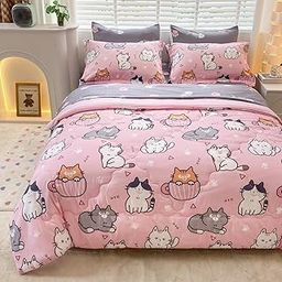 Gusuhome 7 Piece Girls Cats Comforter Set Twin Size Bed in A Bag Pink Cute Cartoon Pet Cat Bedding Set for Kids Boys Teens (1 Comforter, 1 Flat Sheet, 1 Fitted Sheet, 4 Pillow Sham) Gray-3