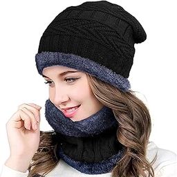 Woolen Winter Woolen Cap with Neck Muffler Set for Men Women Beanie Hat with Thick Fleece Lined, Winter Cold Weather Combo Set for Travelling, Surfing & Snow (Black)-image-97