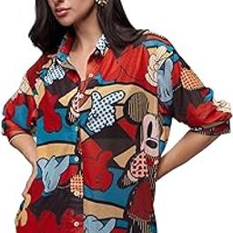 Mesh Shirt : Mickey Mouse Abstract Women and Girls Long Sleeve Collared Neck Button Down Multicolor All Over Printed Cotton Boyfriend Shirts Oversized Loose Fit Shirts Casual-picture-4
