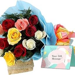 EG2i 12 Mix Flower Bouquets with Teddy Bear and Mixed Color Ribbon for Birthday Anniversary Wedding Rose Day Valentine Gift (Same Day Delivery)-image-49