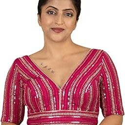 Women's Sequin Embroidered V Neck Elbow Half Sleeve Readymade Saree Blouse Indian Ethnic Designer Stitched Handmade Top Padded Wine Pink Blue White Black | E3-image-94