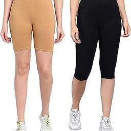 Women's Cotton Calf-Length-Capri and Cycling Shorts for Gym Wear/Sports Wear Pants | Comfortable & Breathable Fabric | Black(C)/Beige(S) | 36-image-35
