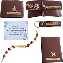 Customized Rakhi for Brother Combo with Set of 4 Brown Color Wallet, Passport Cover, Specs Cover,Keychain and Personalised Message Card - Gift for Brother-image-65