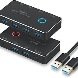 USB Switch, ikuai Aluminum USB 3.0 Switch Selector, 2 Computer Sharing 4 USB Device, 1 Audio Output, Peripheral Switcher Box with One-Button Swapping, 2X USB Cable KM Switch for Printer Mouse Headset-2