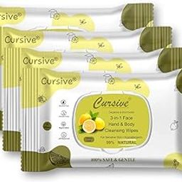 Cursive Daily Cleansing Germ Protective Facial Tissue, Wet Wipes for Face 25N Each, Makeup Remover Wipes, Unisex Body Wipes, PH Balance, Alcohol & Paraben Free With Pop Top (Pack of 4, Lemon-Mint)-picture-15