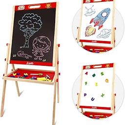 WUDLY 3-in-1 Wooden Easel Board for Kids with Adjustable Stand, Storage Tray – Black Surface, White Panel, Chalk Writing Display, Educational Art Station, Drawing Tool, Black Border Frame-12