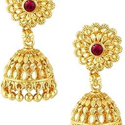 Traditional Temple Jewellery 18k One Gram Gold Ethnic Brass Stylish South Indian Screw Back Studs Round Ruby Jhumkas Set Jhumka Earrings For Women girls Ladies Latest -GOLD JHUMKI-M150-13