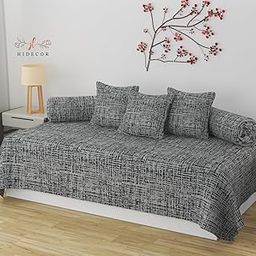 Hidecor Super Soft Cotton Checked diwan Set for Living Room, diwan Covers Cotton, diwan Set 6 Pieces One Single Bedsheet with 3 Cushion Cover,2 Bolster (Grey)-6