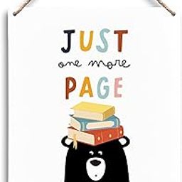 FUGWN Just One More Page Reading Black Bear Hanging Wooden Signs 8x10, Reading Nook Inspirational Classroom Playroom Nursery Wall Decor, Reading Corner Decor Gifts for Book Lovers Kids Girls Boys-image-29
