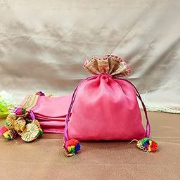 Lushure Small Organza With Gota Patti Lace Work and Pom Pom Design Gift Potli for sagan Gifting, Diwali Gifting, Wedding - 20X16 CM - Avilable in Pack of 10, 20, 50 Pcs, Pink (10)-27