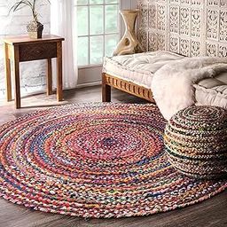 Vintage Threads Round Jute Rug, Natural Fibers, Braided Reversible Carpet for Stylish Bedroom, Living, Dining, Guest, Kids Room Pack of 1 (Chindi Cotton, 4X4 FEET)-image-13