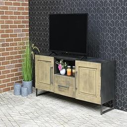 Industrial TV Stand Entertainment Center, Solid Wood and Metal Frame, Rustic Brown with Storage Cabinet and Drawer-60