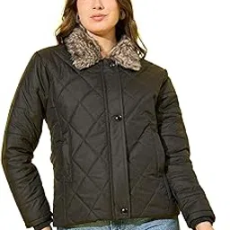 buynewtrend Stylish Flap and Zipper Design Polyester Quilted Women’s Winter Jacket with Fur Collar-picture-5