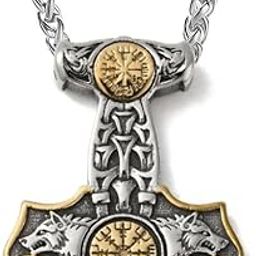 ‘The Alpha Code’ Collection Stainless Steel Antique Silver/Gold Finish 'Thunderwolf Sigil' Thor’s Hammer-Style Hip-Hop Pendant Necklace With Wheat Chain For Men And Boys (NK1414) 1 Pc-image-94