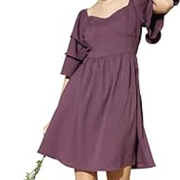 Women and Girls Cotton Regular Fit and Flare Sweetheart Solid Print Knee 3/4 Sleeveth Purple Casual Dress-image-42