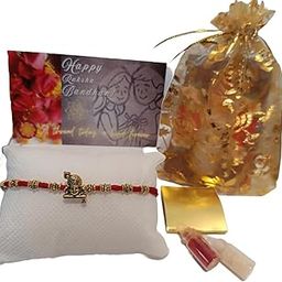 Sarnaya Essence Handcrafted Divine Krishna Rakhi for Brother – Red Thread with Golden Charm | Includes Tilak, Mishri & Greeting Card | Raksha Bandhan Gift Combo-image-12
