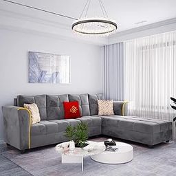 FURNY Melrond 6 Seater RHS Fabric L Shape Sofa Set (Grey)-image-3