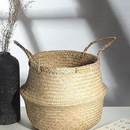 Habere India-All the Cultures Fabricating India Wicker Basket for Plants | Seagrass Basket Home Décor | Bamboo Basket for Decoration | Seagrass Belly Basket - Round, Beige (Large)-picture-10
