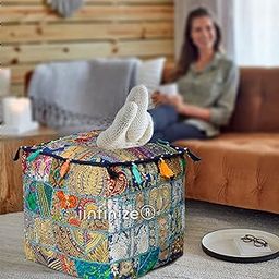 Ethnic Indian Cotton Patchwork Embroidered Pouf Ottoman Stool Pouf Tassels Vintage Cover Living Room Decor (16x16x16 Inch) (Blue)-image-15
