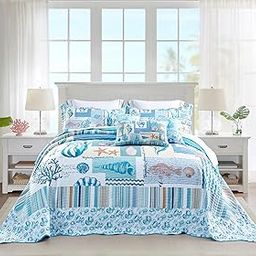 HZ&HY Coastal Oversized King Bedspread 128x120 Extra Wide, Lightweight Beach Bedding Nautical Quilt, Real Stitching, Reversible, 6 Piece, 100% Microfiber, King/California King, Coral-image-13