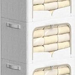 3 Pack Clothes Storage Bins - Foldable Metal Frame Storage Box - Stackable Linen Fabric Container Organizer Set with Carrying Handles and Clear Window (Cream White, 23.6x16.5x15.7inch(100L))-11