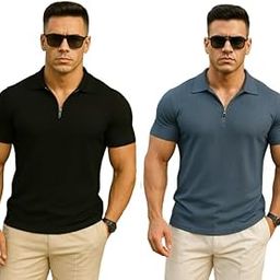Polyester V-Neck with Zip Closure Type Polo T-Shirt Collar Tshirts (Pack of 2)-image-3