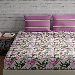 Huesland by Ahmedabad Cotton 144 TC Bed Spread Queen Size Bed with 2 Pillow Covers | Flamingos & Stripes Pink & Green-image-56