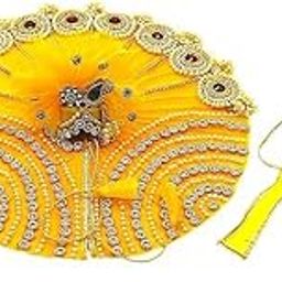 Vrindavanstore.in Designer Yellow Laddu Gopal Dress Set with Pagdi & Accessories | Fancy Stone & Patch Work Poshak for Thakur Ji | Handmade Janmashtami Outfit for Kanha Ji | (Size- 03)-image-1