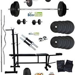 Body Maxx 22 Kg Weight Lifting Combo of Rubber Plates + Multi Purpose 6 in 1 Bench Press + 2 Dumbells Rods + 3 Feet Curl Bar + 5 Feet Straight Bar + Gloves + Rope + Gym Bag + Hand Grippers & 4 Locks-67