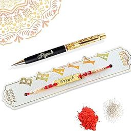 Personalized Raksha Bandhan Combo Gift – Customized Name Rakhi & Black Gold Pen for Brother (Laser Engraved, Name Printed)-picture-18