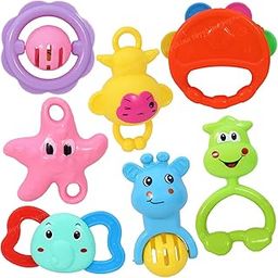 Toyshine Pack Of 7 Rattle Set With Teathers For Newborn Babies, Toy For Babies, Non-Toxic, Plastic, Multi-Colored-0