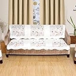 Jainco Decor Floral Leaf Design Cotton Net 5 Seater Sofa Cover (3+1+1 | 3+2, Off White)-2