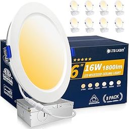 Pack of 8 6" 16W 1800LM Downlights with Connection Box, Eqv 200W, 4000K, Dimmable Non-Box Light, Flush Mount ETL and Energy Star-5