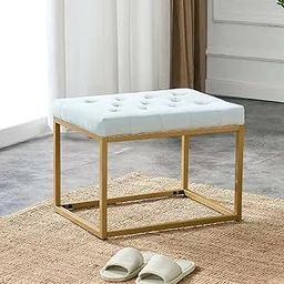 Dence Store Rectangle Ottoman Bench,Velvet Upholstered Chair with Golden Metal Frame,Makup Stool Padded Bench Chair Leisure Footstool for Bedroom -Light Blue-image-84