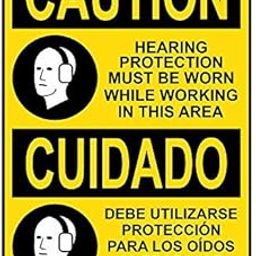 Weatherproof Plastic Vertical OSHA Caution Hearing Protection Worn Working Bilingual Sign with English & Spanish Text and Symbol-image-85
