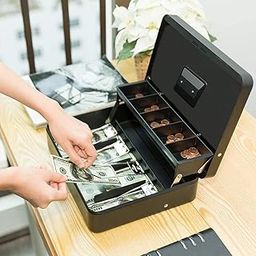 Citaaz Metal Money Safe Box with Money Tray and Key Lock with Cantilever Coin Tray & 4 Spring-Loaded Clips Lock Box for Money, Double Layer Petty Cash Money Storage Box tray (Black)-4